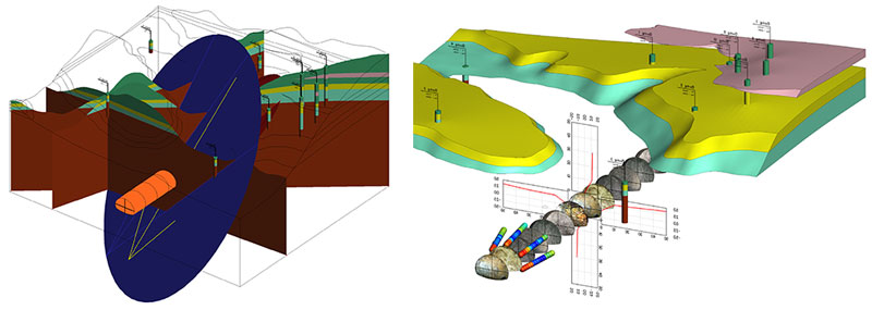 地質断面図と割れ目表示(左)と前方探査結果を追加した例(右）